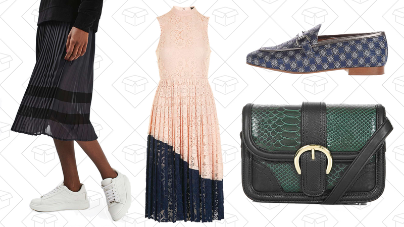 Striped Border Pleat Skirt, $50 | Pleated Lace Dress, $50 | KENDALL Loafer, $35 | OTIS Buckle Crossbody Bag, $24
